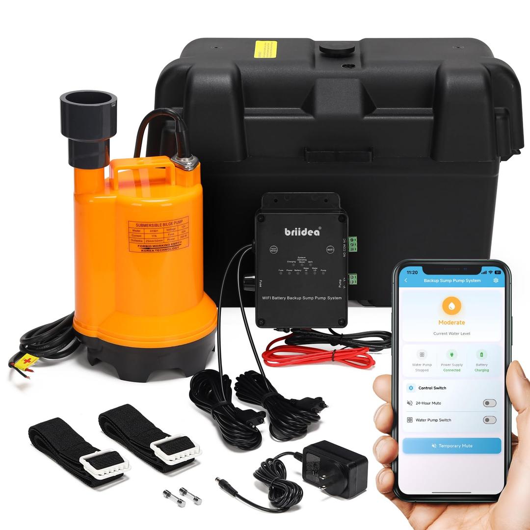 Briidea Battery Backup Sump Pump System for Basement, 12V Battery Compatible (Battery Not Included), Dual 2.4G/5G WiFi Monitoring, Electronic Water Level Sensor, Smart Alarm System