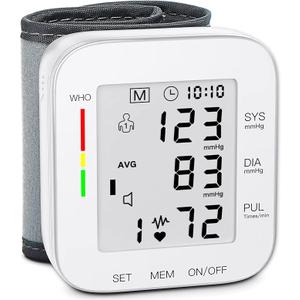MMIZOO Wrist Blood Pressure Monitor Large LCD Display BP Machine Adjustable Cuff 5.317.68 inch Automatic 99x2 Sets Memory with Carrying Case for Home Use (White)