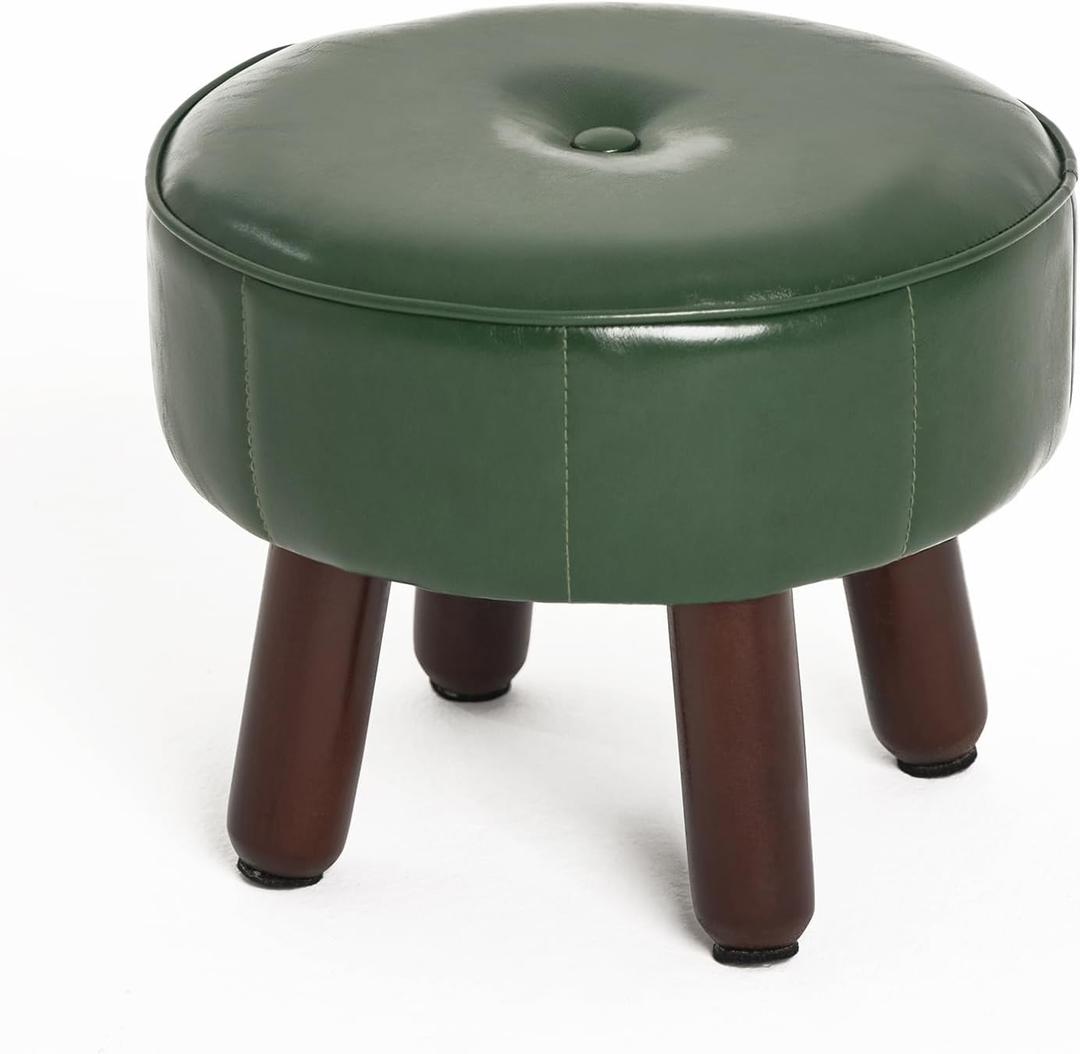Small Foot Stool Ottoman, Round Pouf Foot Rest, Footstool Ottomans with Rubber Legs Under Desk, Faux Leather Footrest for Couch, Living Room, Bedroom, Hallway, Office, 13''L x 13''W x 10.2''H (Green)