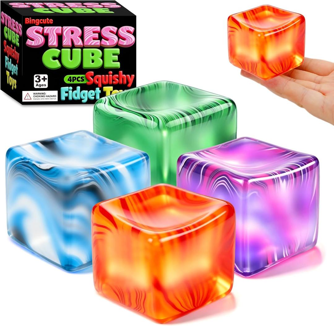 4 Pack Squishy Fidget Stress Cube Balls for Adults Kids Teens Anxiety Relief, Slow Rising Squishies Squeeze Sensory Toys for Office Classroom Birthday Party Favors