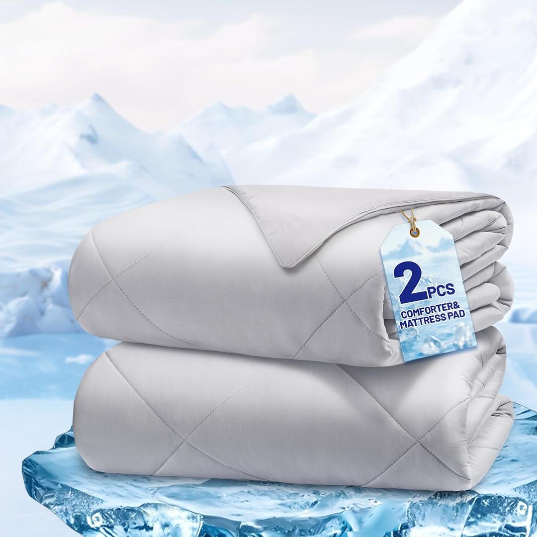 Cooling Comforter King Size, 2PCS Reversible Cooling Blanket for Hot Sleepers and Night Sweats, Cool Blanket with Mattress Pad for Summer, Breathable & Lightweight Comforter for All Season (106"x90")