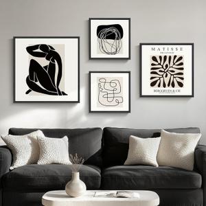 Framed Matisse Abstract Wall Art for Living Room, Set of 4 Piece Black and White Modern Canvas Artworks, Mid Century Neutral Beige Minimalist Painting Prints for Bedroom Hallway Office Wall Decor, 32" H X 60" W