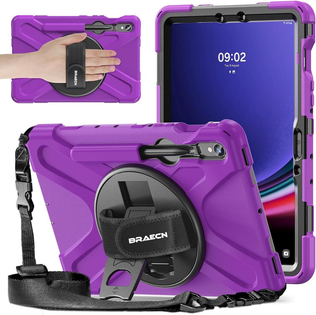 BRAECNstock for Samsung Galaxy Tab S10 Lite/ S10 FE/ S9 FE/ S9/ S8/ S7 5G Case 10.9"/11", Shockproof Protective Kids Case with Pencil Holder, Rotating Hand Strap & Stand, Shoulder Strap, Purple (03 Purple (Without Screen Protector)