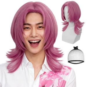 Light Pink Wig Men Pink Cosplay Wig Short Straight Layered Anime Cosplay Wigs Pink Hair Wigs for Pop Singers Idol for Costume Outfit Halloween Dance Stage Party Daily Use + Hair Cap