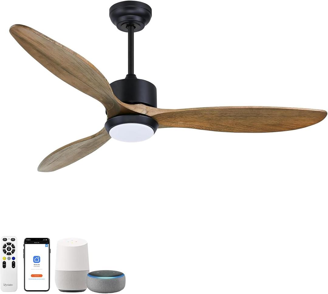 Ovlaim 52 Inch Wood Ceiling Fan, ETL Listed Quiet DC Motor Indoor Outdoor Ceiling Fans with Lights Remote Control, 3 Blade Smart Ceiling Fan for Bedroom Living Room