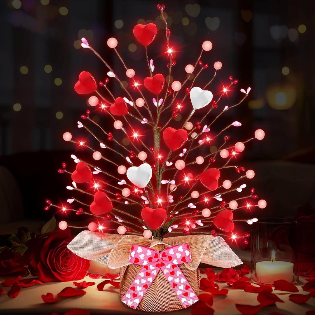 Valentines Day Decorations,Timer Lighted Valentine's Day Tree Tabletop with 20 Red Lights Battery Operated 16 Inch 12 Heart 48 Pink Berries Artificial Tree Valentine's Day Decor Home Party Wedding