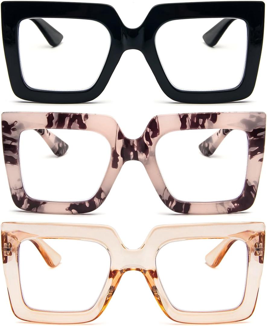 REAVEE 3 Pack Oversized Reading Glasses for Women Large Frame Extra Wide, Blue Light Blocking Stylish Thick Square Readers