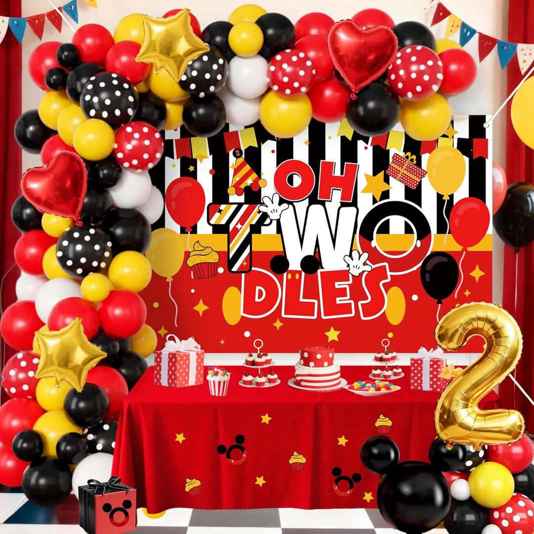 2nd Birthday Decorations for Boys Girls - Oh Twodles Cartoon Theme Party Supplies with 5x3ft Backdrop & Red Tablecloth - 78Pcs Balloon Garland Arch Kit Number 2 Foil Balloon PINK