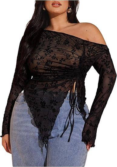 RoseSeek Women's Plus Size Sheer Mesh Off Shoulder Tops Long Sleeve Drawstring Asymmetrical Hem Ruched T Shirt Floral Black Large Plus