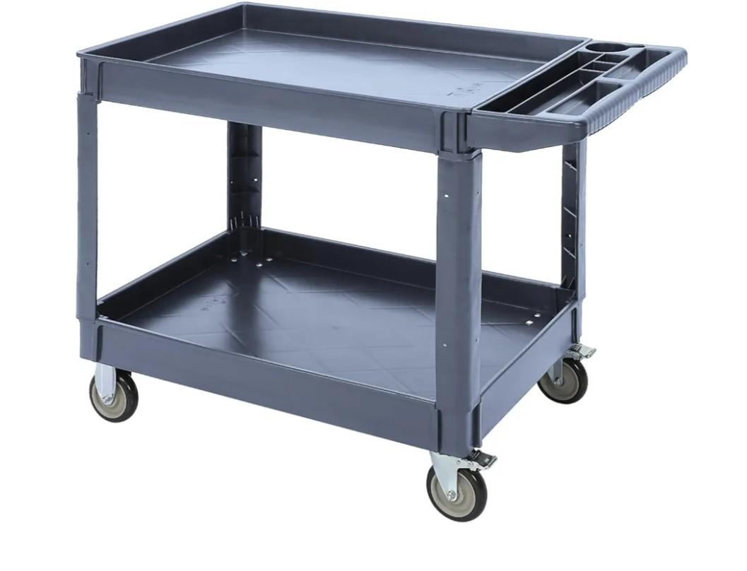 2 Tier Utility Cart with Full Swivel Wheels, 600 LBS Capacity/Storage Handle/36x 26 Inch, Extra Wide Service Utility Cart for Warehouse Garage Cleaning Manufacturing