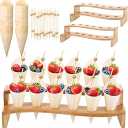 Queekay 100 Disposable Wood Cones for Food with 2 Pcs 12 Holes Charcuterie Cones Holder Stand Ice Cream Cone Display Stand 100 Fancy Toothpicks for Appetizers Catered Events Wedding Buffets Parties