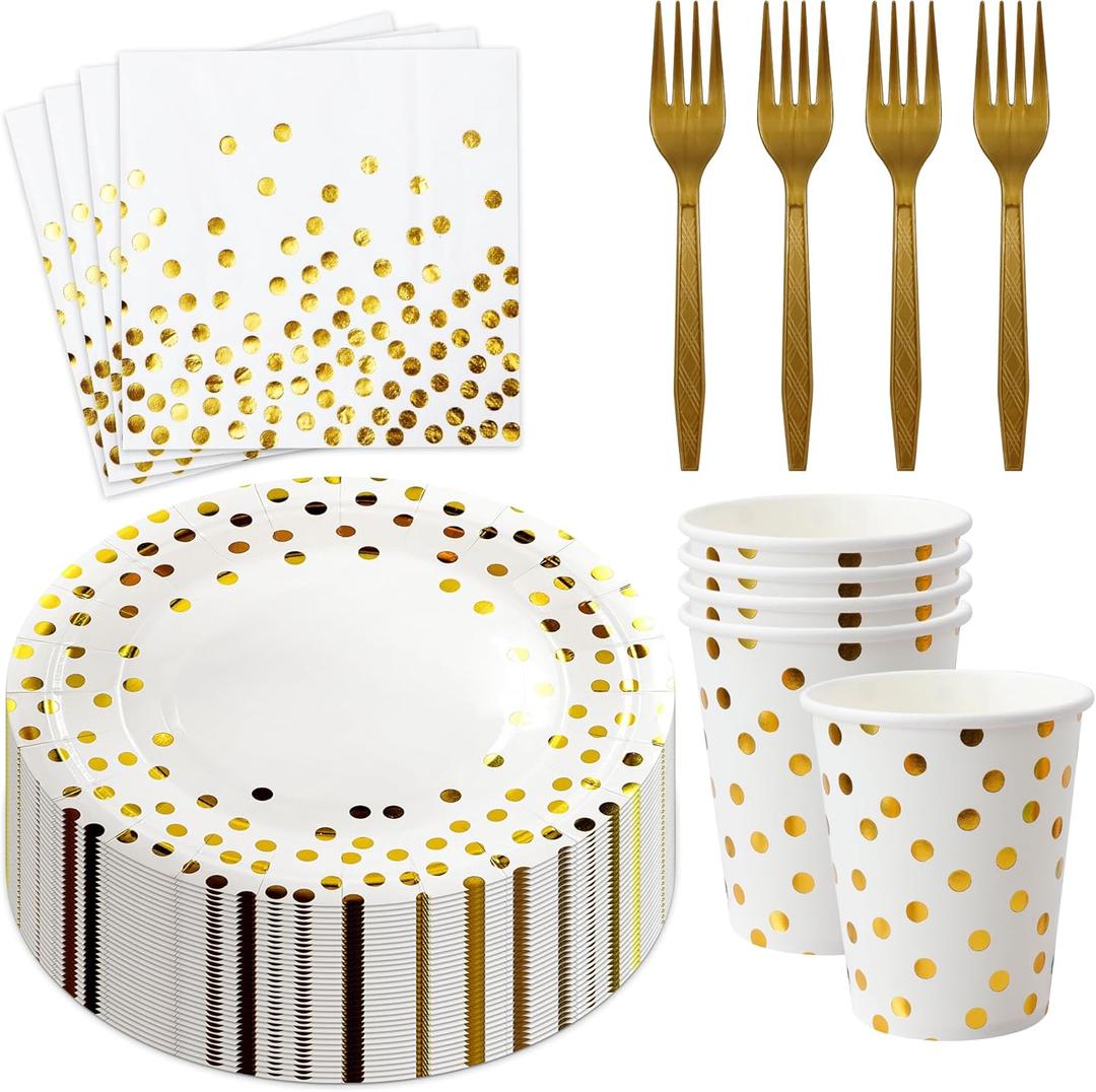 160 Pcs White and Gold Paper Plates, Forks and Cups Party Supplies, Disposable Paper Dessert Cake Plates Tableware Supplies for Birthdays, Graduations, Weddings, Holidays (Serves 40)(7 inches)