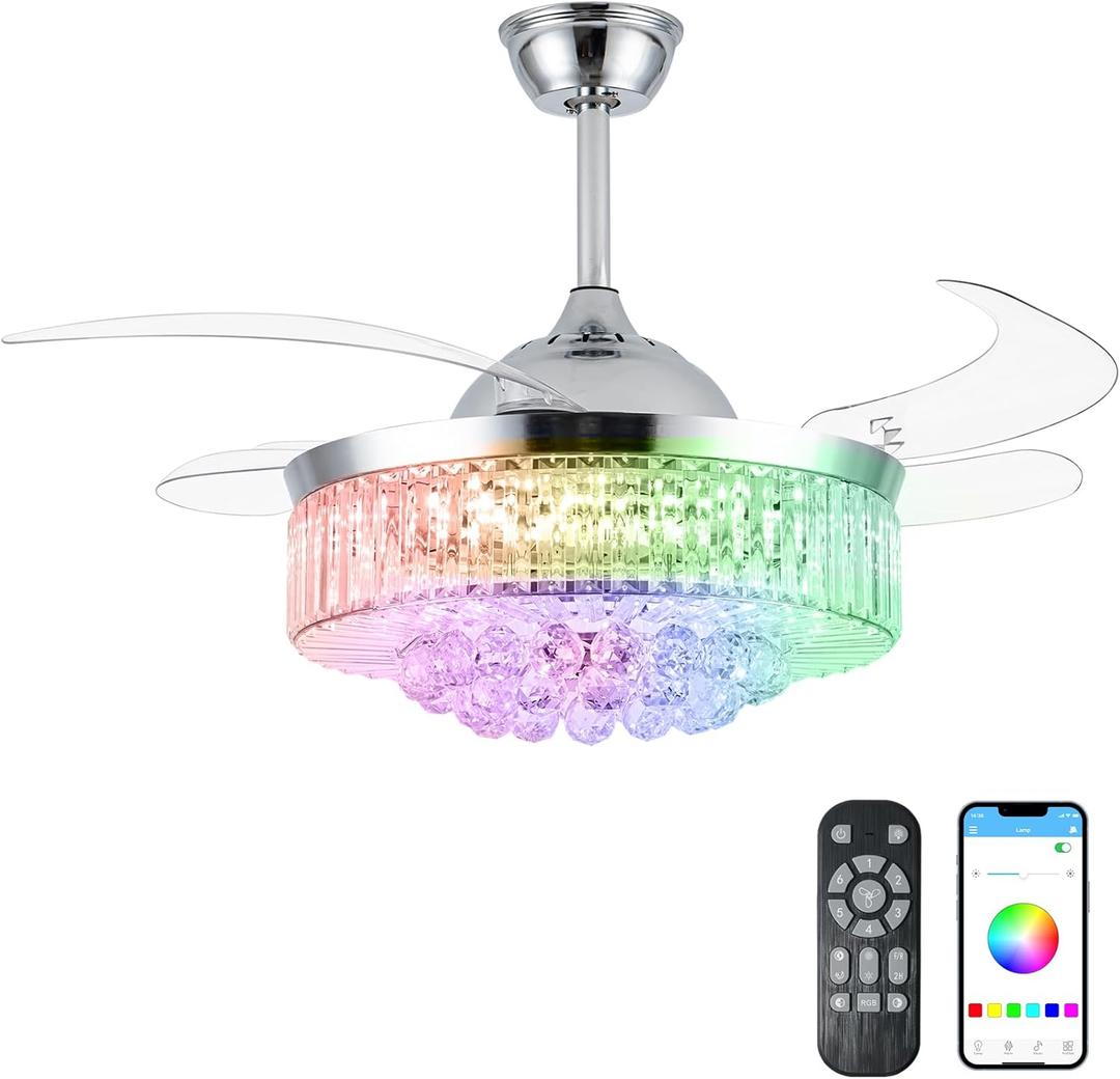 LINSHRY 42 Inch Crystal Chandelier Ceiling Fan with Lights and Remote, 6 Speed Retractable Blades Fandelier Ceiling Fans with RGB Light, Modern Dimmable LED Fandelier for Bedroom Living Room (Chrome)