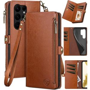 XcaseBar for Samsung Galaxy S22 Ultra Wallet case with Zipper Credit Card HolderRFID Blocking, Flip Folio Book PU Leather Phone case Shockproof Cover Women Men for Samsung S22Ultra case Light Brown