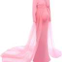 Women Off Shoulder Long Sleeve Maternity Dress Tulle Elegant Slim Fit Gown Baby Shower Photography Maxi Dress for Photo Shoot (Pink, XXL)