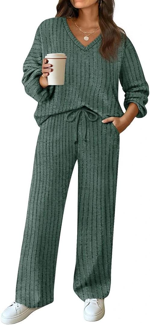 TIYOMI Plus Size Suits For Women 2 Piece Outfits Sweater Top & Wide Leg Pants (XX-Large, Green)