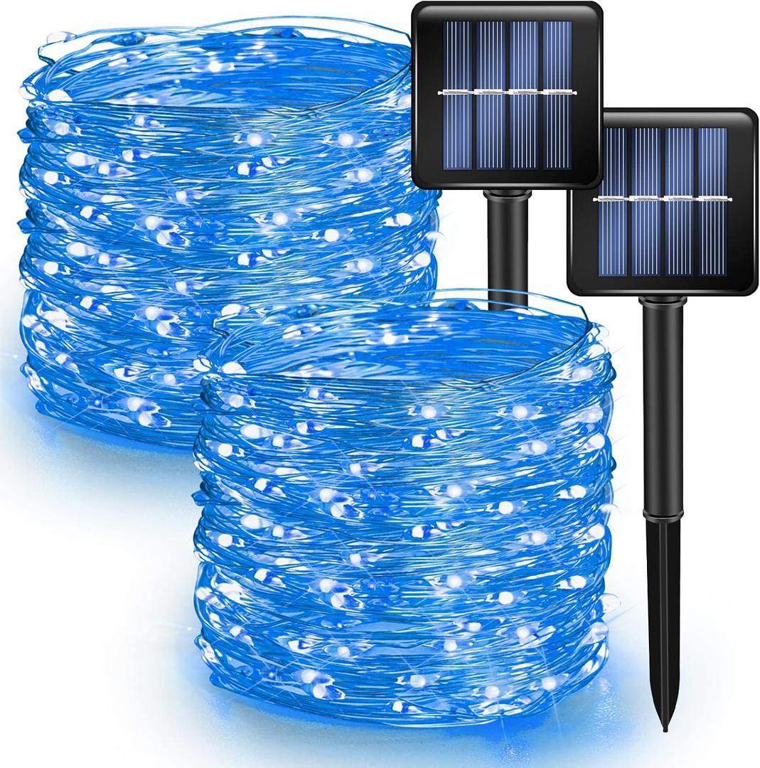 Dazzle Bright 2 Pack Solar String Lights Outdoor, Total 80FT 240LED Solar Powered Waterproof Fairy Lights 8 Modes, Copper Wire Lights for Christmas Patio Party Tree Yard Decoration (Blue)