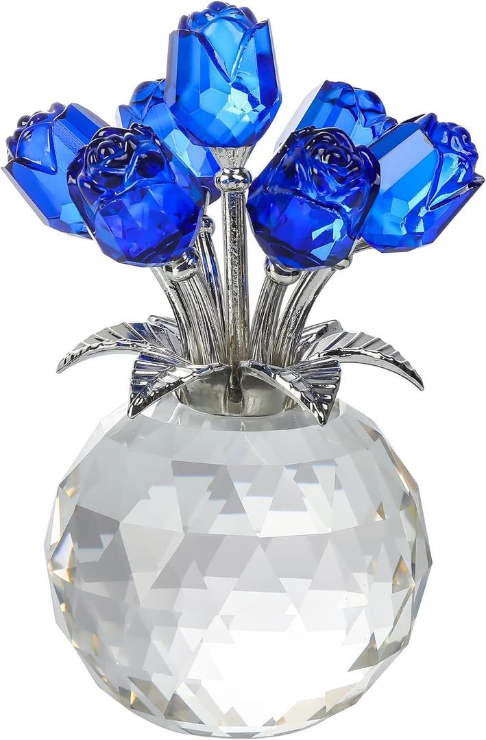 Blue Rose Flower Crystal Figurine with Vase, Bouquet Flowers Ornament Gifts for Wife Girlfriend Women , Handmade Crystal Flower Collectible Home Table Decor for Valentine's Day Wedding Anniversary