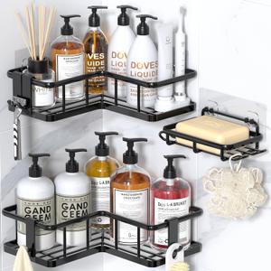 YASONIC Corner Shower Caddy Organizer, 3-Pack Self-Adhesive Rustproof Bath Shelves with Soap Holder & 4 Hooks, Large Capacity Shower Storage Rack for Bathroom Organization, Black (3pack)