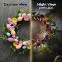 Pastel Easter Wreath for Front Door with Lights, 18 Inch Spring Floral Wreath with Colorful Eggs, Daisy & Eucalyptus Greenery, Farmhouse Easter Door Decor