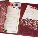 25pcs 5"x7.28" Burgundy Vintage Tri Fold Wedding Invitations Cards pocket Pearl Paper Laser Cut Hollow Carving Greeting invites Covers only no envelope no insert