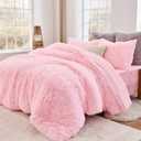 Sasttie 3-Piece Fluffy Duvet Cover Queen, Ultra Soft Faux Fur and Velvet Pink Comforter Cover, Luxury Fuzzy Bedding Sets for Winter Bed, Includes 1 Duvet Cover and 2 Pillowcases, No Comforter