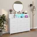 White Dressers for Bedroom with Power Outlets and LED Lights 13 Drawers Dresser Faux Leather Fabric Chest of Drawers for Bedroom Living Room Hallway Entryway Closets Sturdy Frame Wood Top, 47.3"D x 18.5"W x 39.4"H