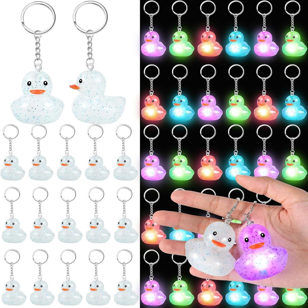 Deekin 48 Pcs LED Light up Rubber Duck Keychain, Glow in The Dark Cruise Duck Keychain Bulk, 3D Tiny Key Chains for Carnival, Birthday Party, Goodie Bag Fillers, Wedding Favors (Stylish)