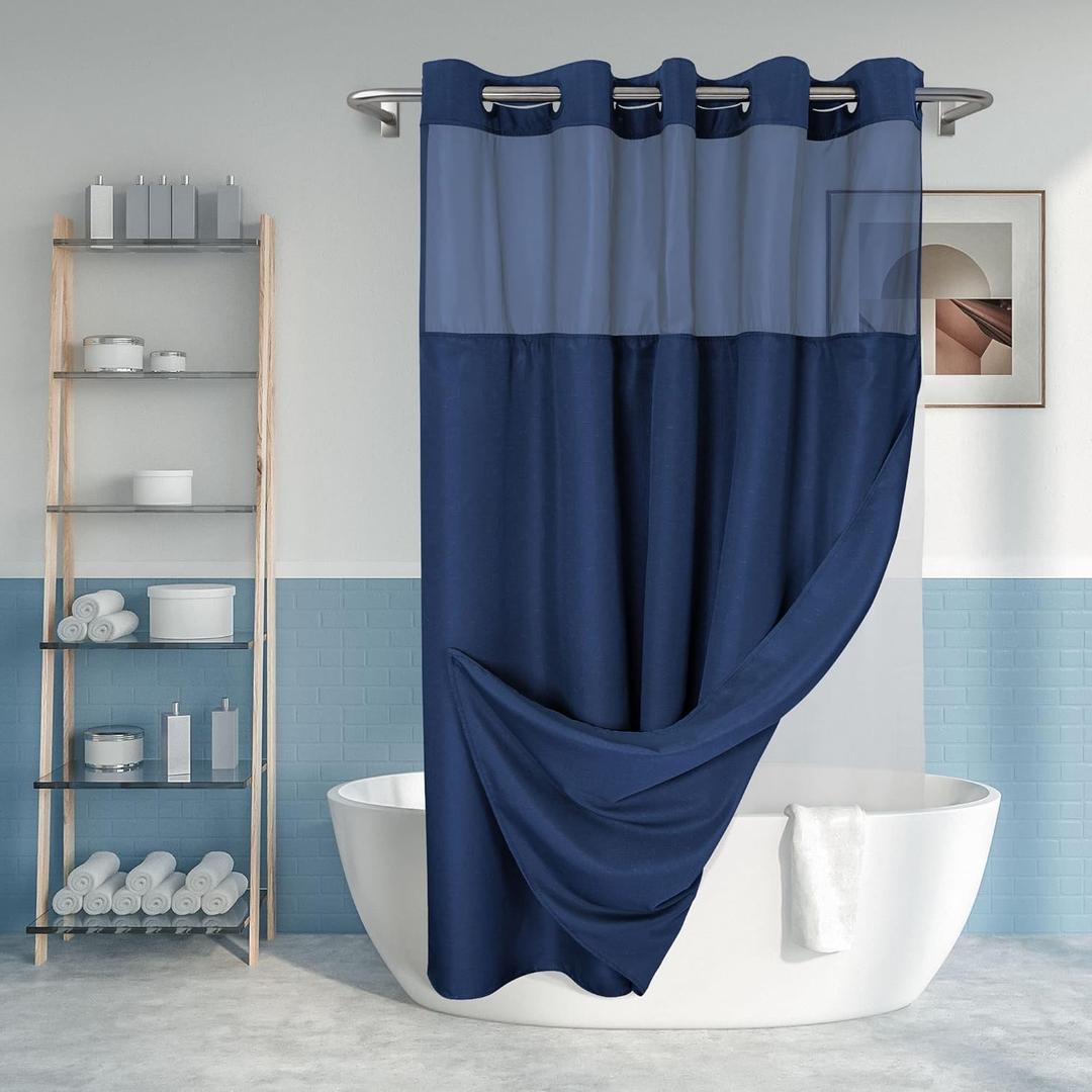 River Dream No Hook Slub Textured Shower Curtain with PEVA Liner Set - 71" x 74"(72"), Hotel Style with See Through Top Window, Machine Washable & Water Repellent Fabric, Navy Blue, 71x74