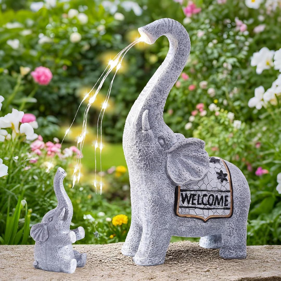RM ROOMERS Elephant Garden Decor, 2 PCS Elephant Sculptures for Outdoor Resin Solar Elephant Statues Watering, Elephant Decor for Yard, Animal Statues for Patio, Birthday Gifts for Women (Grey and Black)