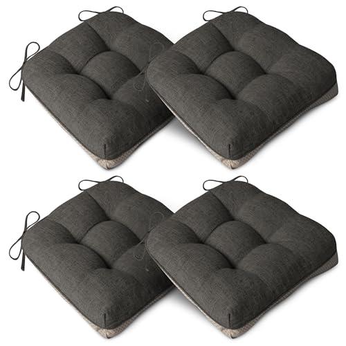 AddGrace Extra Thick Chair Cushions for Dining Chairs Set of 4 Non-Slip Kitchen Chair Pads Soft Dining Room Seat Cushion with Ties 16" x 16" x 4" Dark Grey