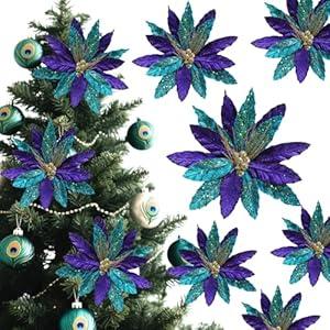 Thiccywoov 6 Pcs Large Purple Peacock Christmas Ornaments Poinsettia for Christmas Tree Artificial Flowers 12.6 Inch Picks Glitter Flowers Ornaments Decorations for Xmas Wreath Garland(Peacock)