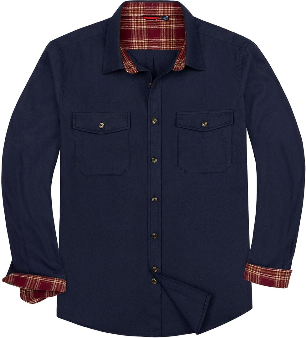Alimens & Gentle Men's Flannel Shirt Button Down Regular Fit Long Sleeve Casual Shirts (Large, Navy Blue)