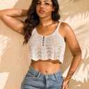 Women's Crochet Tank Top Sleeveless Scoop Neck Hollow Out Knit Cami (Beige, L)
