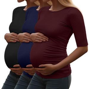 Riyiper 3 Pack Women's Maternity Cotton T Shirt Ribbed Half Sleeve Tunic Round Neck Side Ruched Tops Casual Pregnancy Clothes (S)