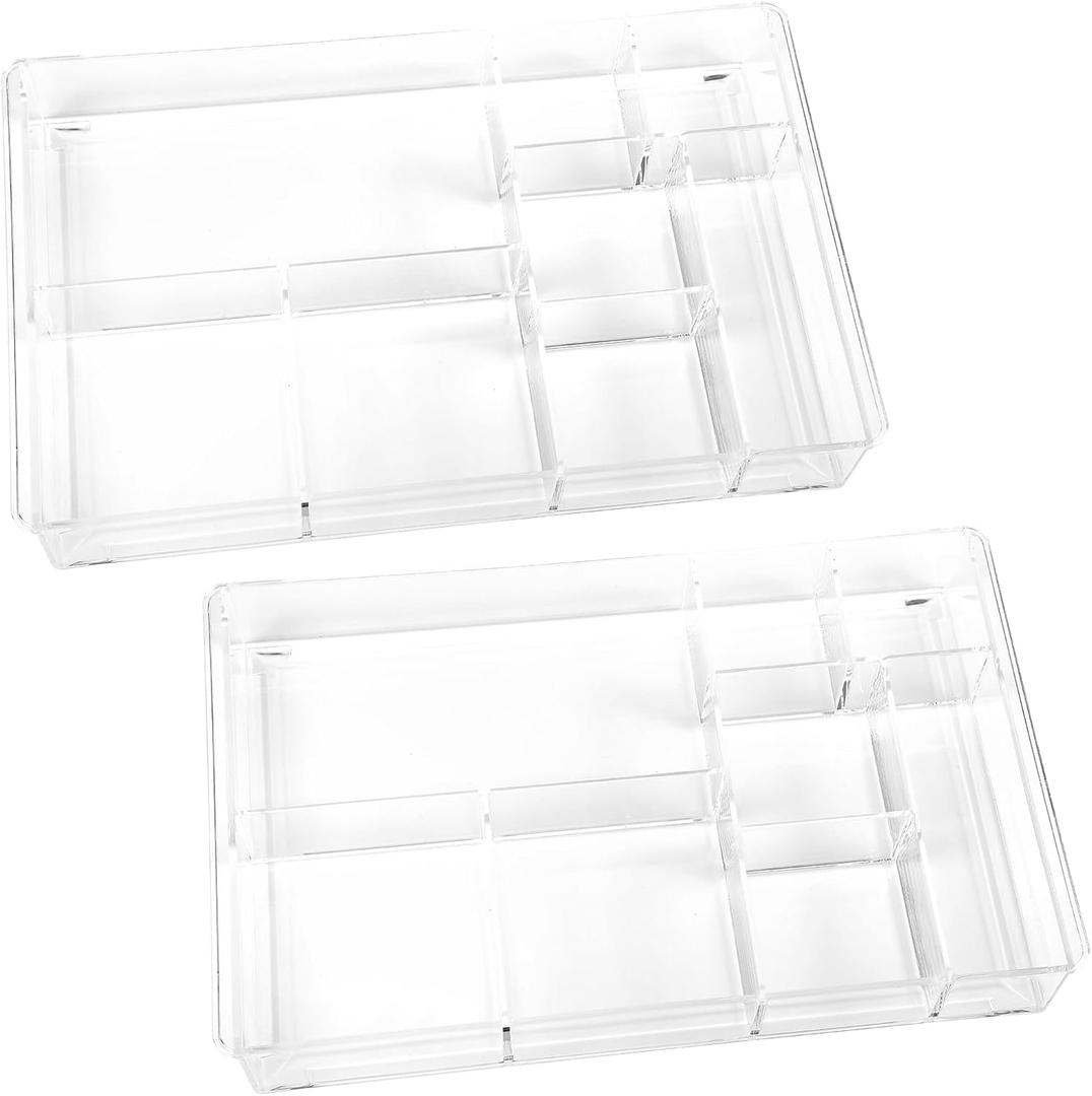 2Pcs 8-Section Clear Drawer Organizer, Large Acrylic Drawer Divider Tray for Desk,Bathroom,Office Makeup,Junk, Plastic Drawers Organizer 13.7" x 8.7" x 2"
