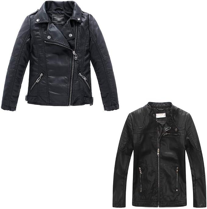 LJYH Children Collar Motorcycle Faux Leather Coats Kids Bomber PU Soft Leather Jackets Black 9/10yrs