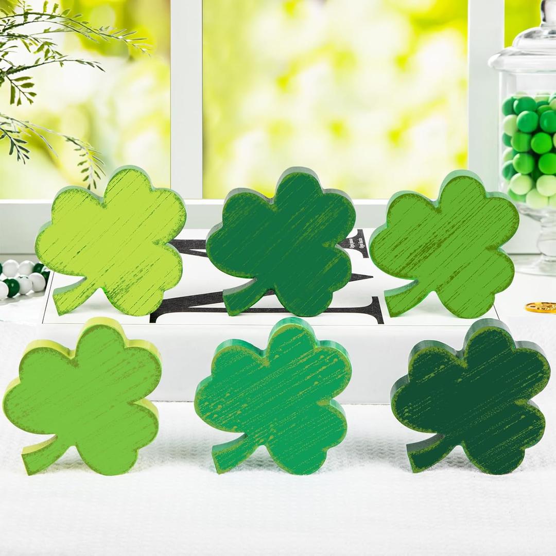 St. Patrick's Day Shamrock Decorations, Wooden Saint Patrick Day Tiered Tray Decor Set of 6, Green Clover Table Top Decoration for Home, Shelf, Door, Office Party (Retro)