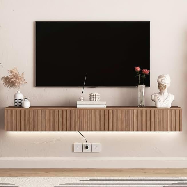 Floating Wall-Mounted TV Stand for 65 Inch Tvs, Modern Media Entertainment Center Console with LED Light & Wire Management & Doors for Home Office Living Room, Wood