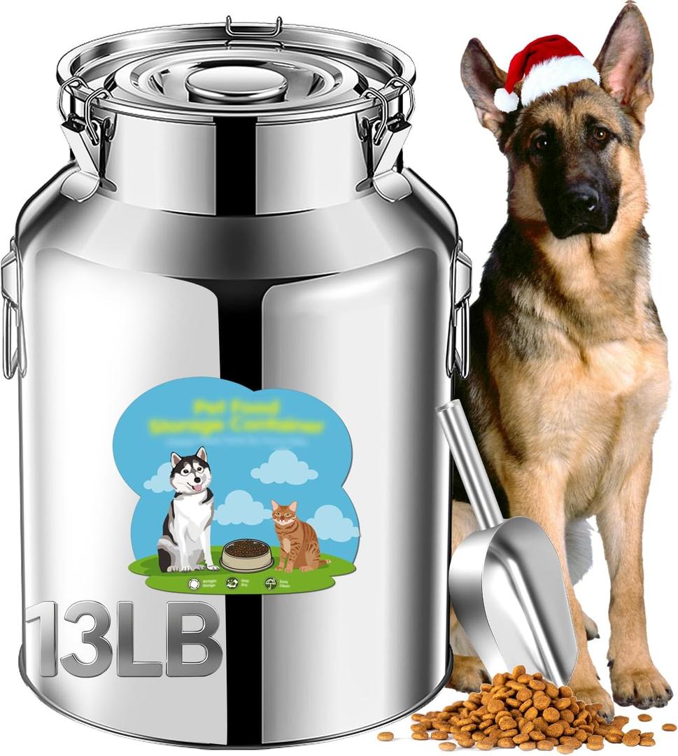 13lb Stainless Steel Dog Food Storage Container, Metal Pet Storage Container with Airtight Hangable Lid to Keep Food Fresh, Large Cat Food Storage Container with Scoop to Easily Clean