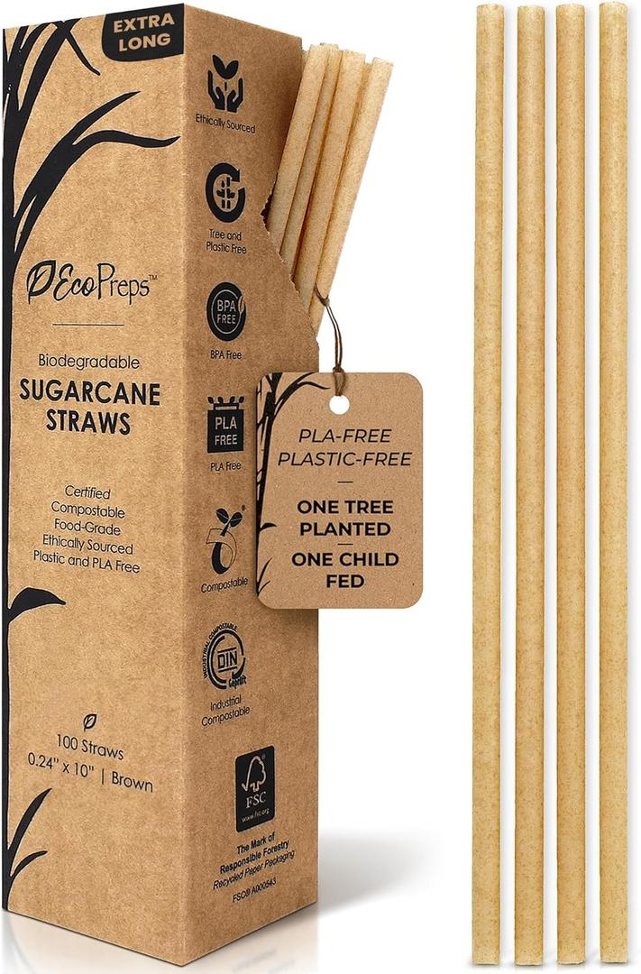 10'' Biodegradable Sugarcane Straws, Extra-Long Straw | 100 Count, 100% Compostable, Plastic-Free, Eco-Friendly Drinking Straw | Sugar Fiber, Party Jumbo Disposable Straws, 10 Inches Tall