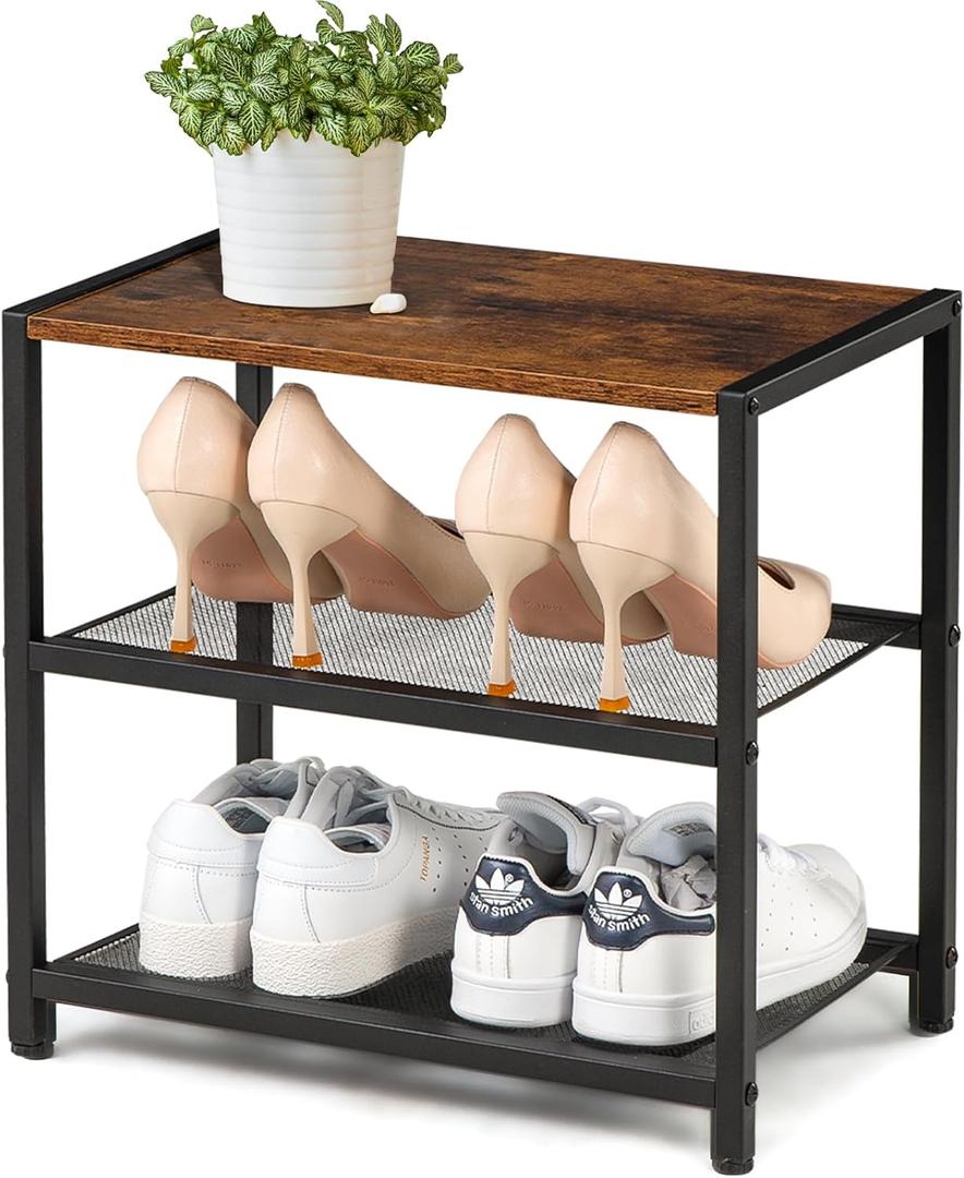 3-Tier Wooden Shoe Rack with Metal Mesh Shelves - for Entryway, Closet, Hallway & Bedroom Holds 6 Pairs, Ideal for Storage or Display (17"D x 10.24"W x 15.75"H)
