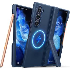 TORRAS Magnetic Armor Stand Galaxy Z Fold 6 Case with S Pen Holder, MIL-Grade Hinge Protection, Compatible with MagSafe, Invisible Kickstand, Blue