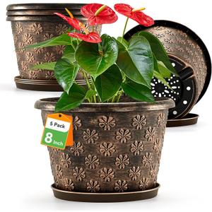 8 Inch Planter Pots for Plants, Plastic Flower Pots Indoor Outdoor, 5 Pack Resin Plant Pot with Drainage & Saucer, Retro Decorative Garden Pot with Removable Trays for House