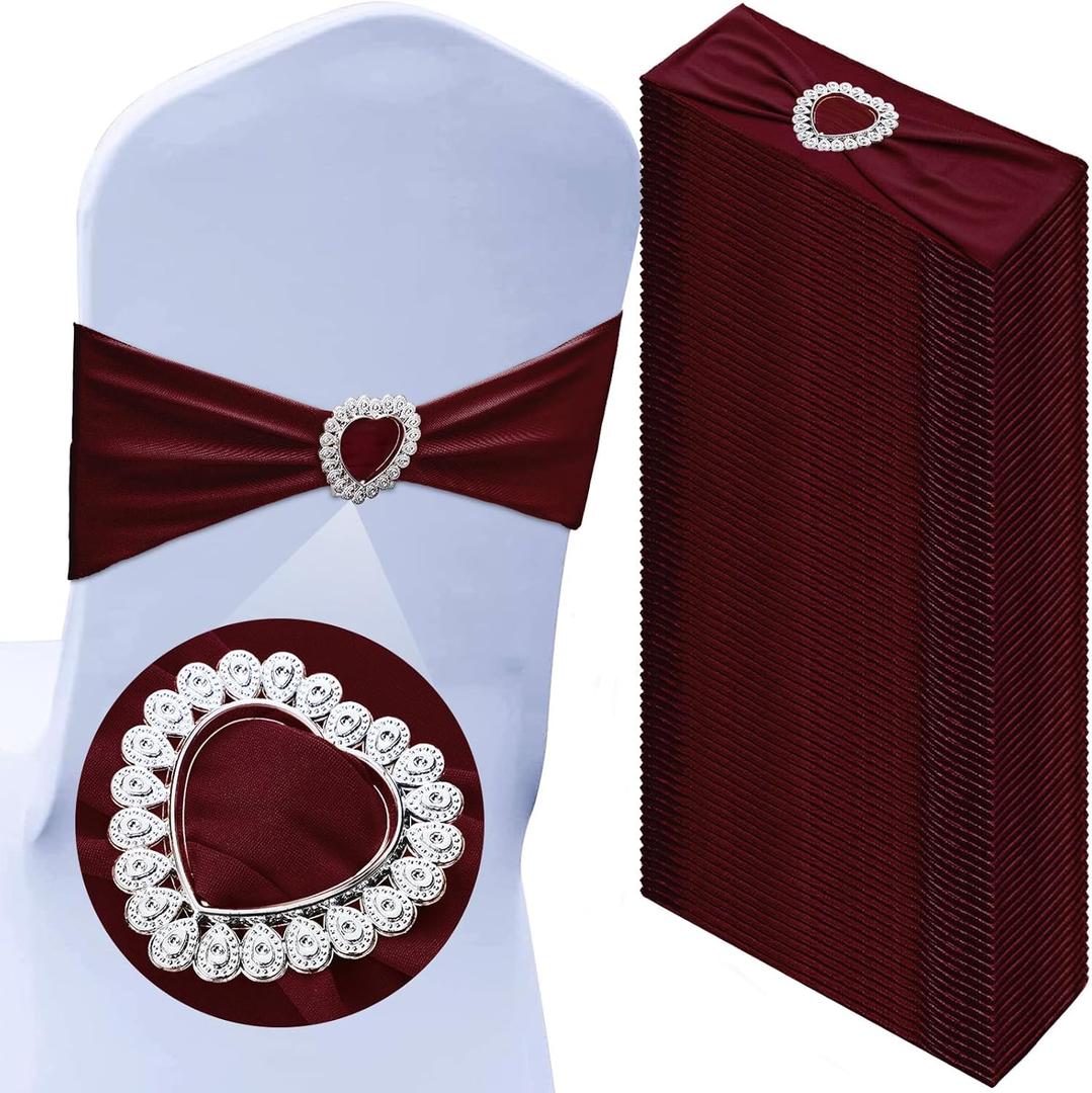 50 Pcs Spandex Chair Sashes with Heart Shaped Buckle Slider Stretch Chair Cover Band Universal Elastic Chair Ties for Wedding Banquet Event Party Decoration(Burgundy)
