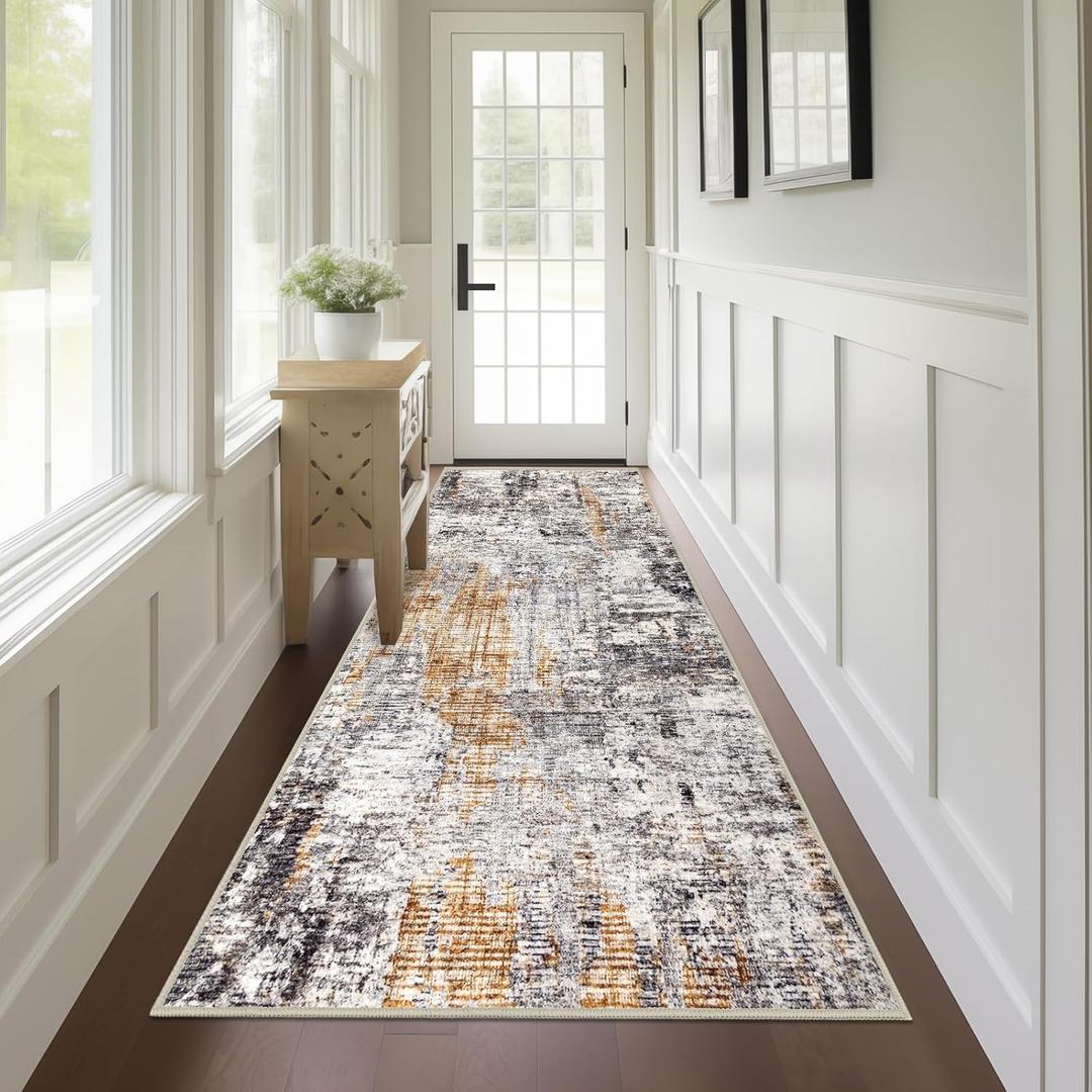 Capslpad 2x8 Black&Gold Abstract Hallway Runner, Ultra Soft Fabric Washable Runner Rug, Non-Slip Rubber Backing, Stain Resistant Low Pile Runners for Hallways, Kitchen, Entryway, Bedroom, Laundry