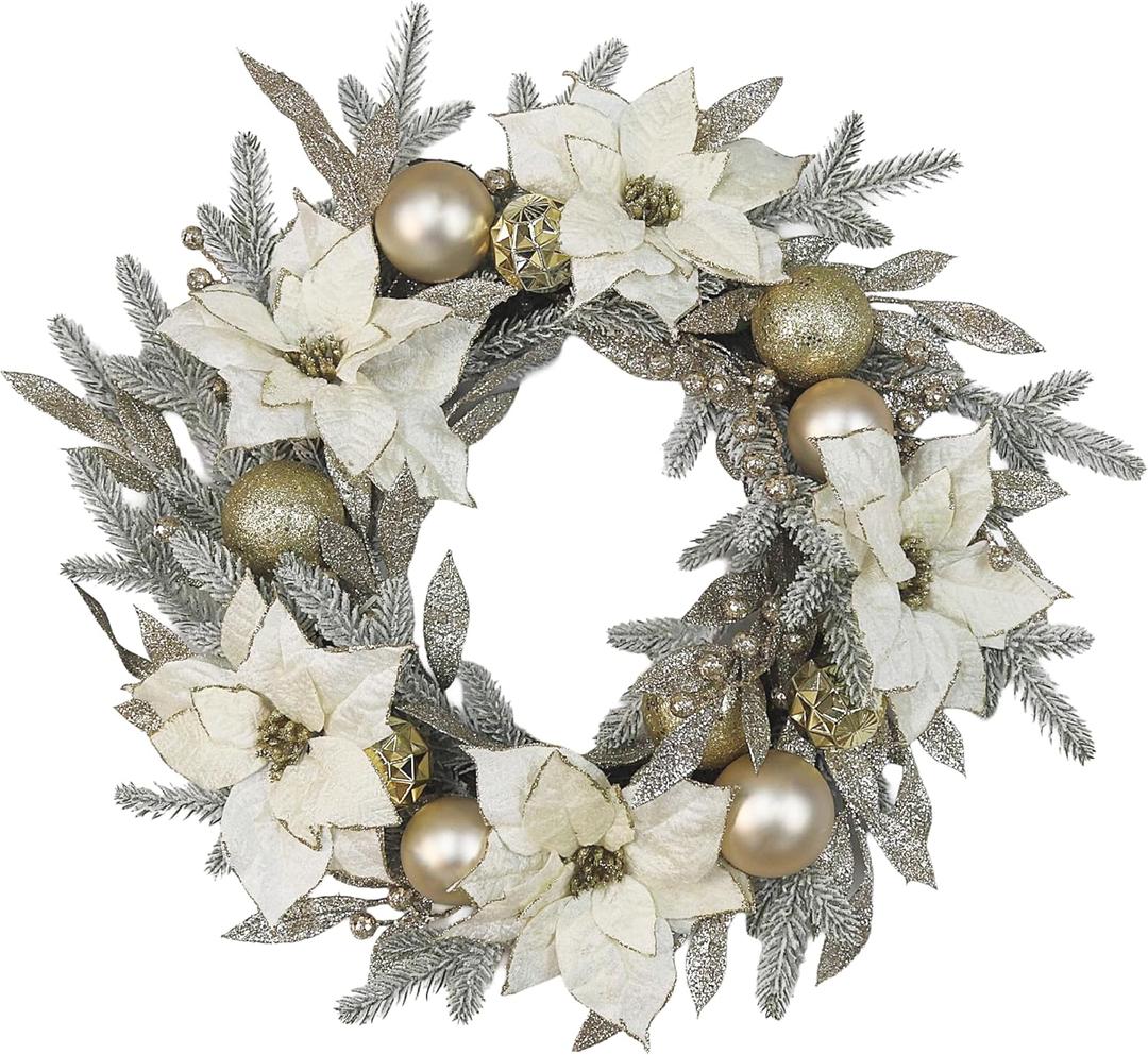 Christmas Wreath Artificial Wreath with White/Silver Balls, Ivory Poinsettias and Gold Leaf for Christmas Holiday Decoration for Home Front Door (Indoor & Outdoor Use)