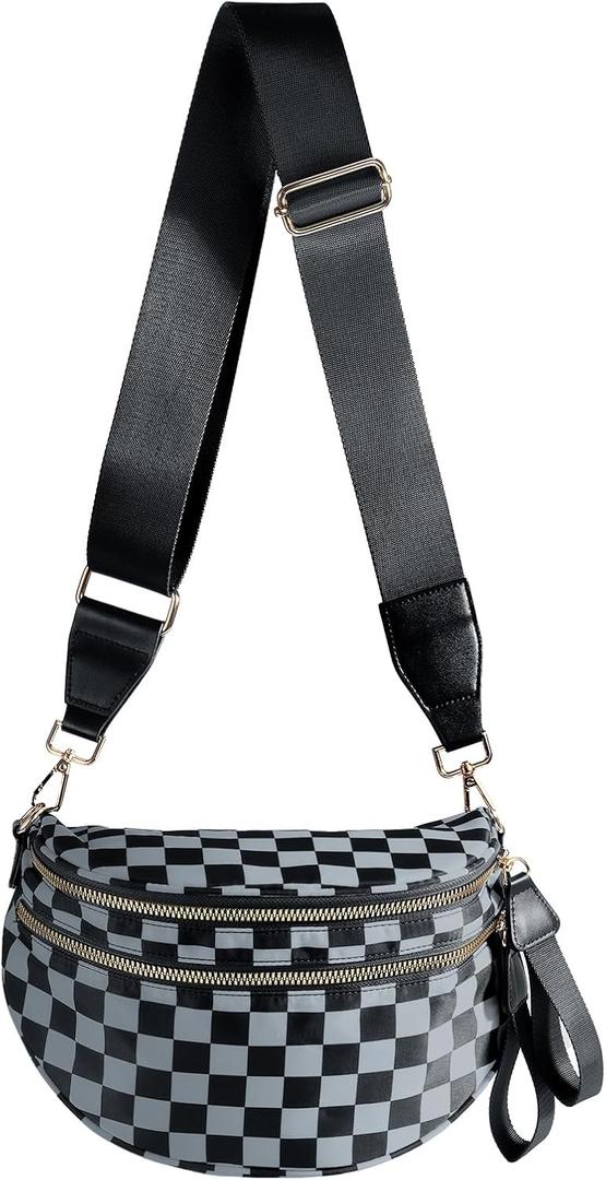 Spacious Checkered Nylon Crossbody Bag Bum Bag Checkered Handbags Wallets for Women (Black Grey Checkered)