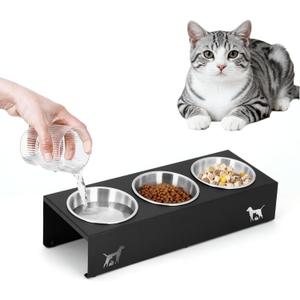 Elevated Cat Food Bowls - 15 Tilted Stainless Steel Cat Bowls, Anti Vomiting Raised Pet Feeder with Non-Slip Metal Base for Indoor Cats, 3 Bowl Set