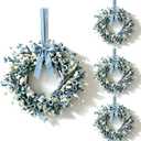 4 Pcs Small Blue Daisy Flower Hanging Wreaths for Cabinets with White Floral Eucalyptus Leaves Lavender Artificial Grains Mini Candle Rings Wreath for Home Front Door Farmhouse Coastal Blue Porch